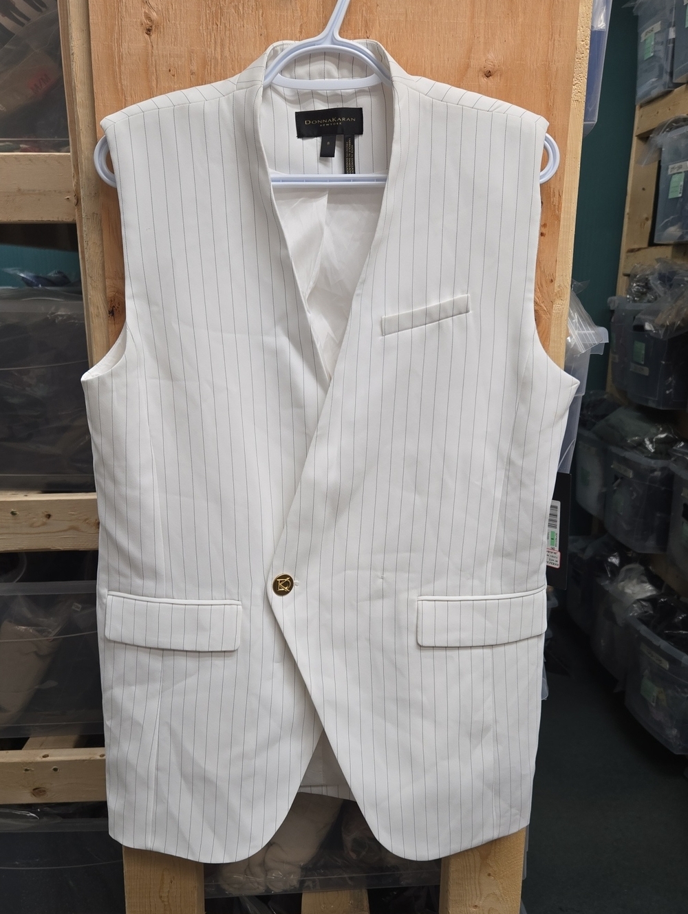 Donna Karan Size 8 White and Black Pinstripe Vest Jacket